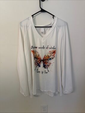 Daisys Boutique White Long Sleeve V-Neck Tee with Multicolor Butterfly